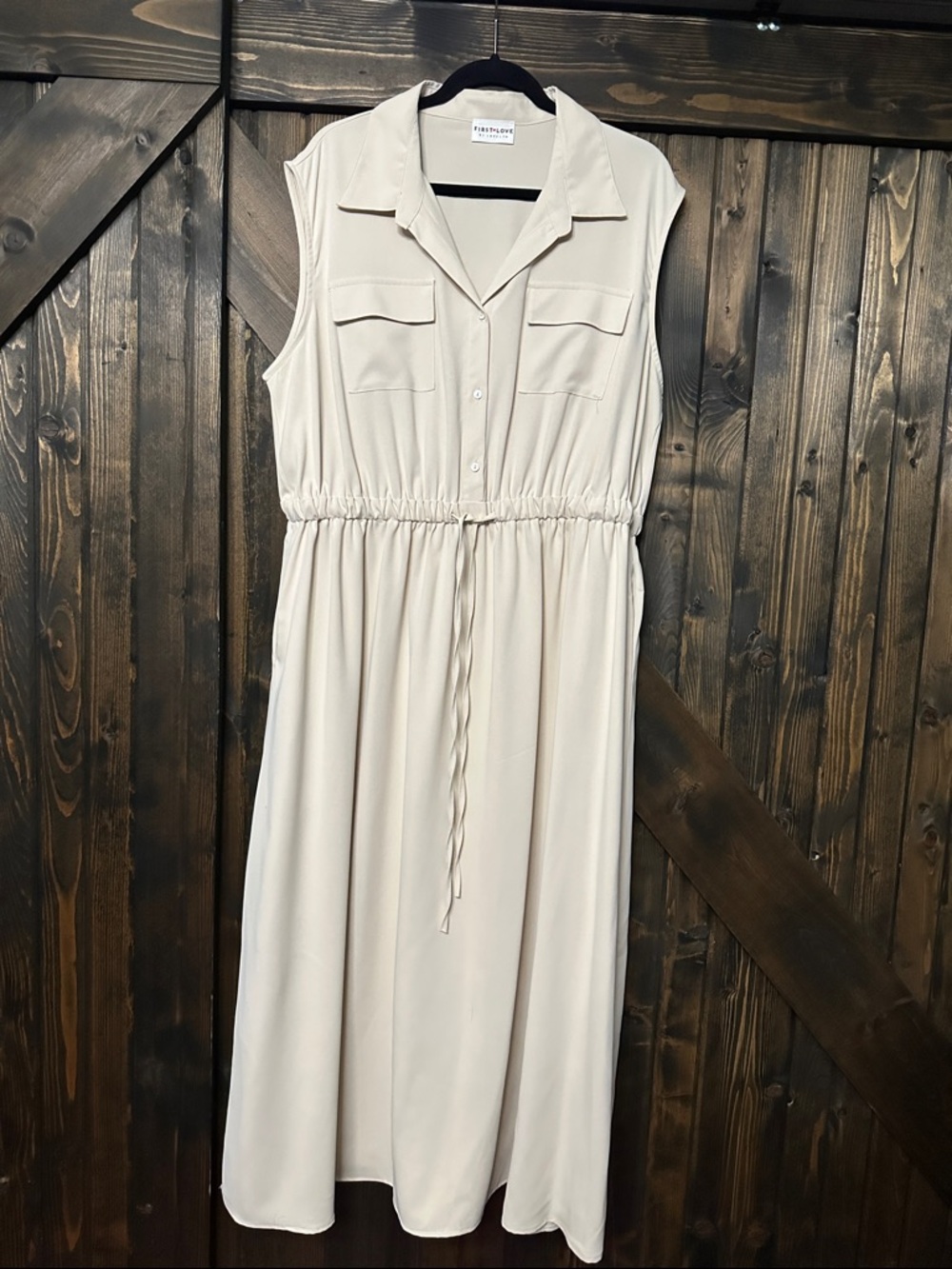 Sleeveless Cream Maxi Shirt Dress with Drawstring Waist